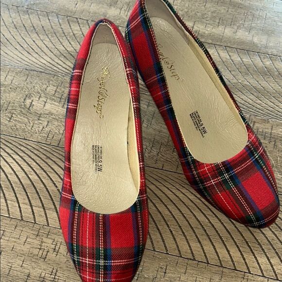 Red Stewart Tartan Modest Heels 👠 👠 with Rounded Toe Durable Canvas Fabric 9.5 W - Picture 17 of 17